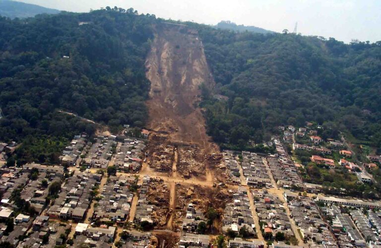 Aerial view of landslide that buried Colonia Las Colinas.